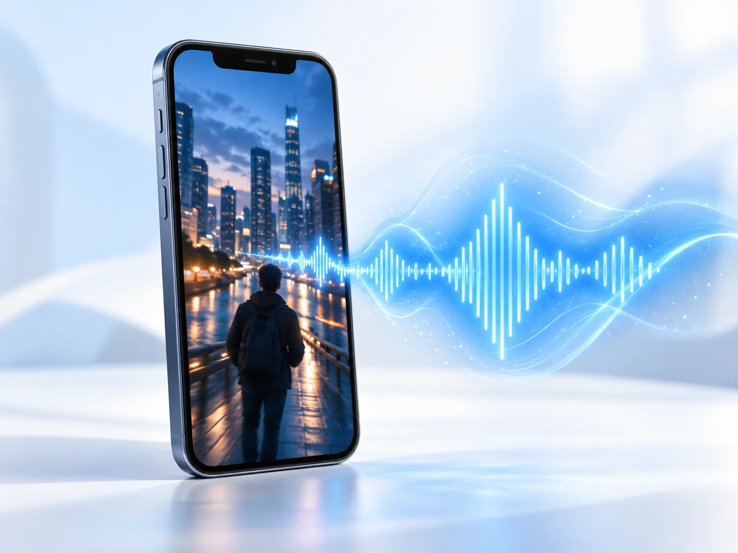 A short video on a smartphone with a blue audio waveform flowing from the screen
