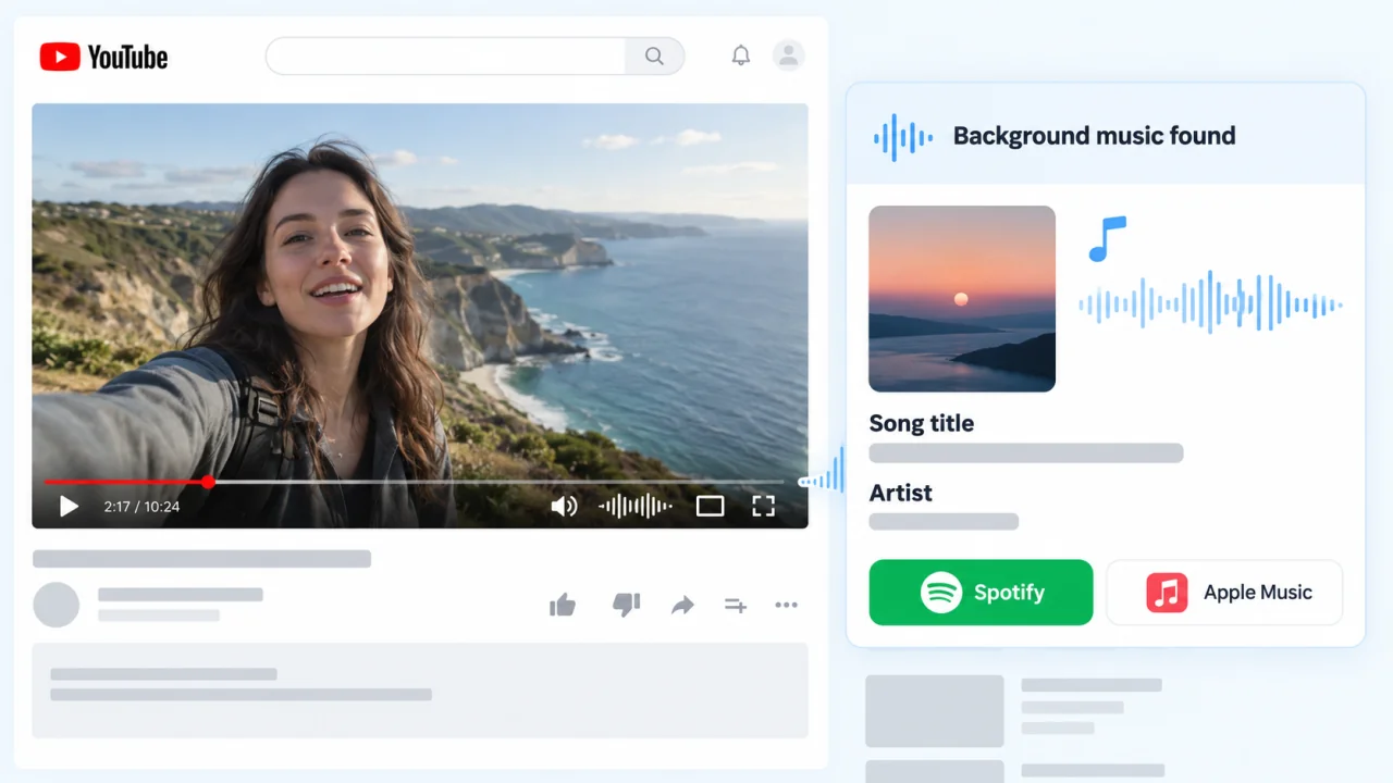 A YouTube travel vlog video beside a background music recognition result with song title, artist and listening links