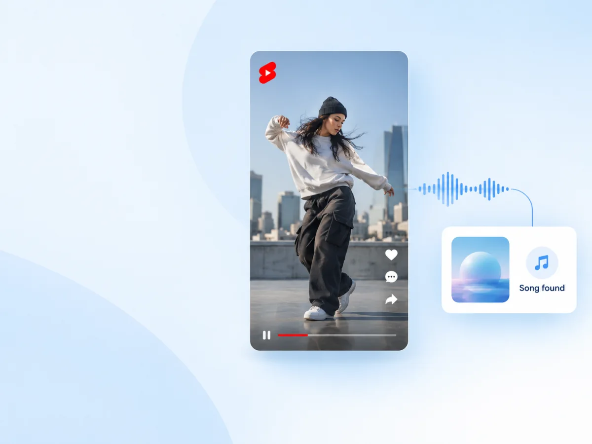 A vertical YouTube Short of a dancer with its audio waveform leading to a song identification result