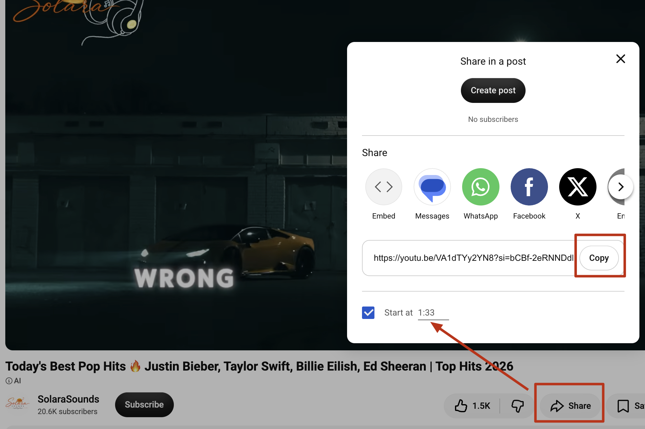 Real YouTube Share dialog with Start at checked and the Copy button visible